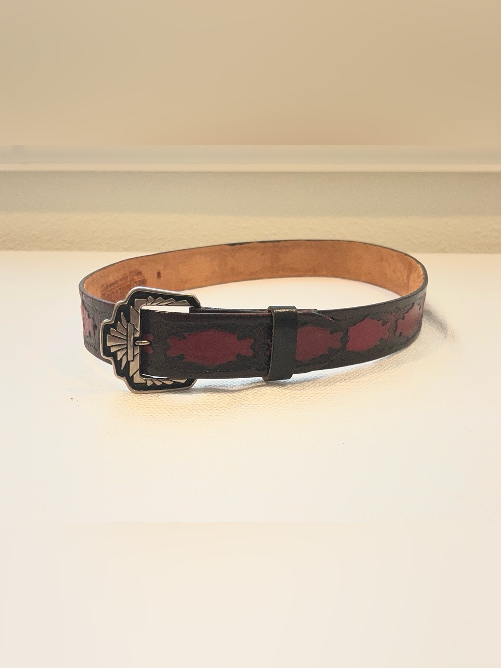 Vtg Leatherock Tooled Leather Western Belt Size M Burgundy Black